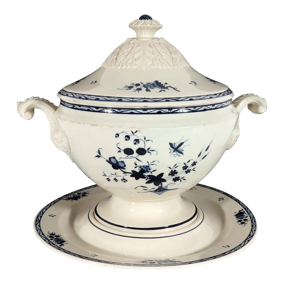 Continental Pottery Large Chinoiserie Soup Tureen, Cover & Stand, Nimy Factory, Belgium: This is big! Continental Pottery Large Soup Tureen, Cover & Stand, Nimy Factory, Belgium, Early 19th Century. The large circular tureen, cover and stand are painted in underglaze blue with floral desi