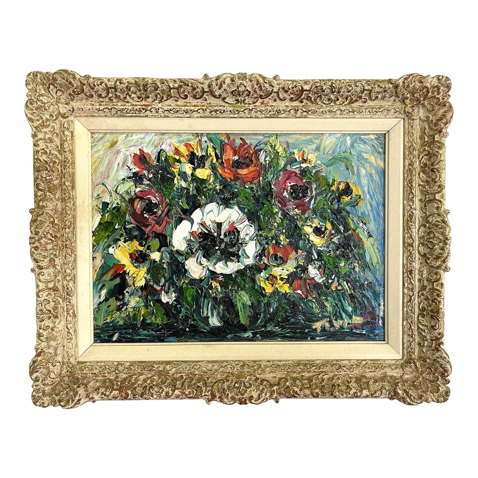Original Impasto-Style Still Life Floral Painting Oil on Canvas Board: Dynamic vintage original framed oil painting on canvas board. It's painted in the Impasto style with thick and quick layered brushtrokes, and depicts a floral still life in shades of green, yellow