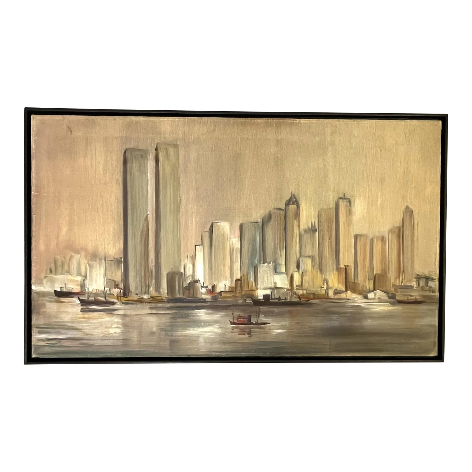 C1974 Cubist Inspired Signed Painting of New York City Skyline: Beautifully rendered iconic painting of the New York City skyline pre 9/11. The painting on canvas is signed in the bottom right and appears to read 'Joe D. Thomas '74.' It's done in a cubist