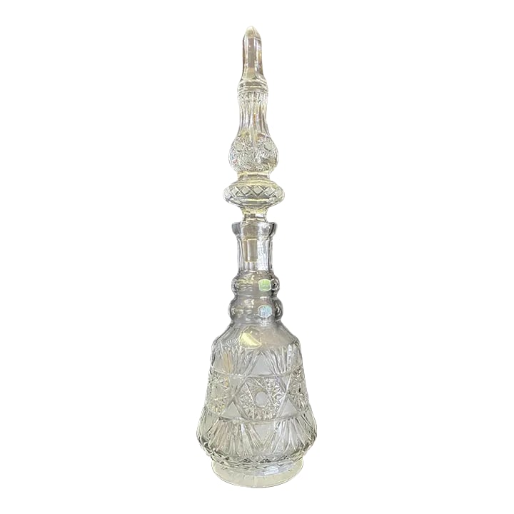Bohemian Cut Crystal Decanter: Bohemian large crystal decanter. Middle eastern in style with fine cut design. Total height with stopper is 28 inches. Decanter is 15 inches high by itself. There is one chip on the stopper, not visib