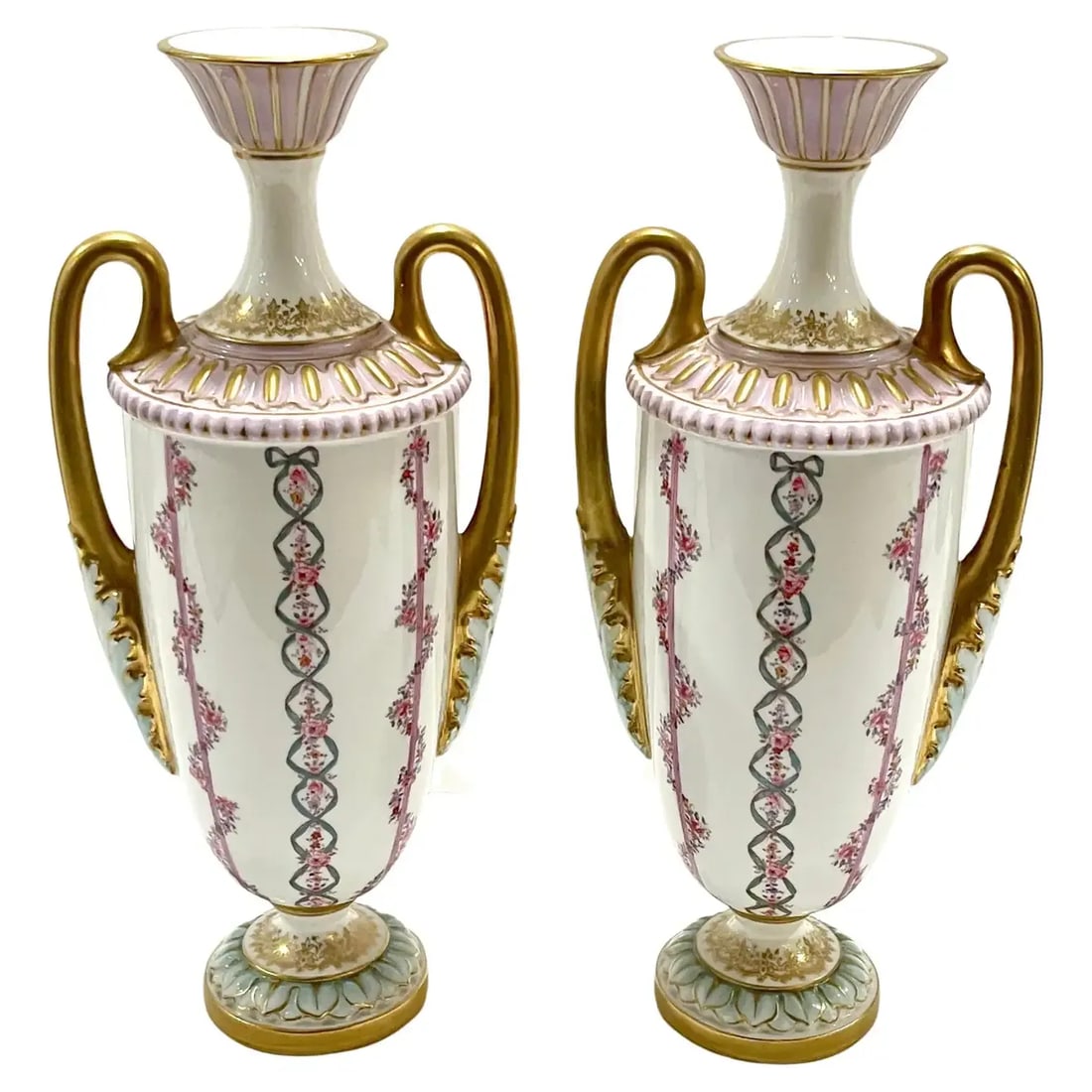 Early 20th Century Royal Worcester Transitional Neoclassical Style Vases - a Pair - 12