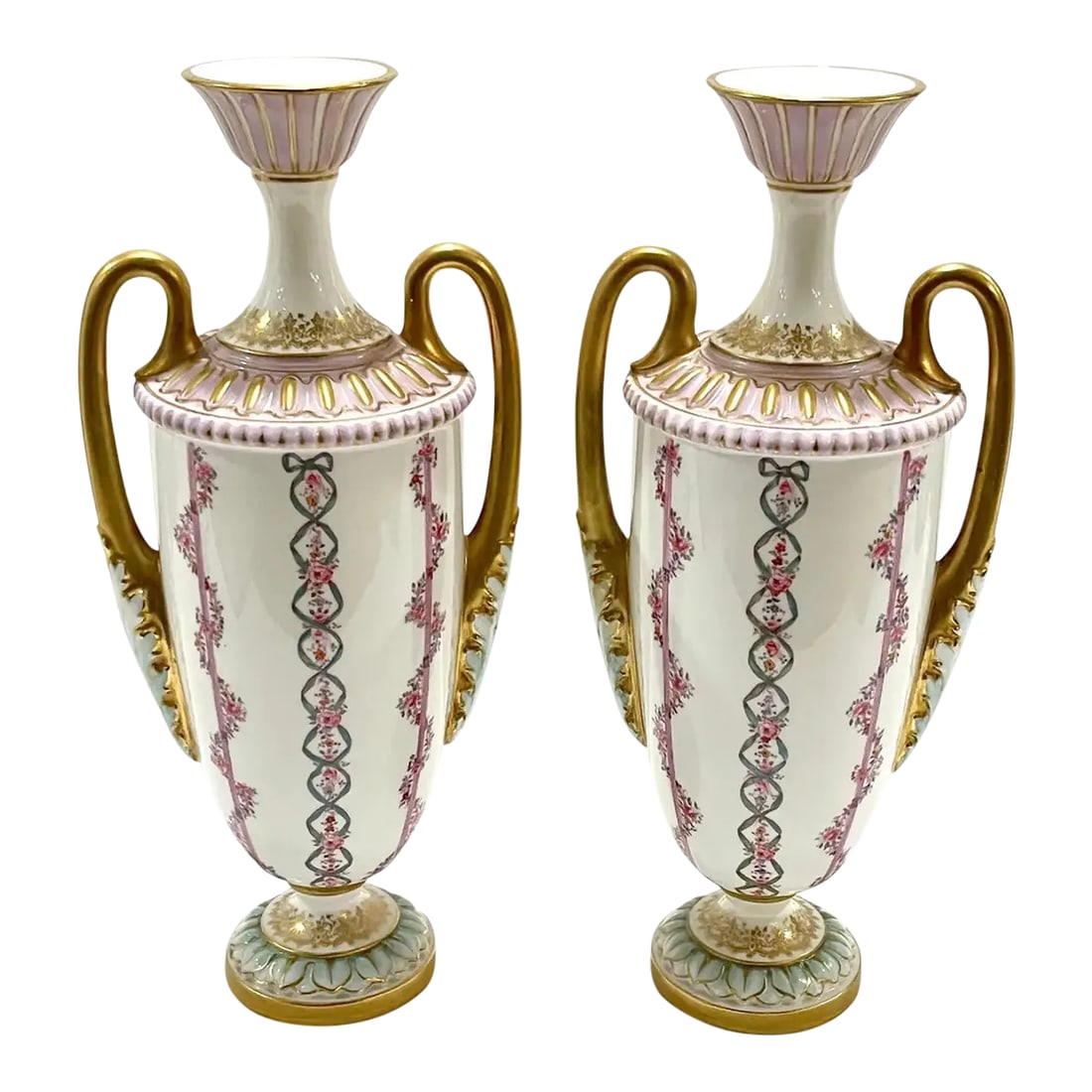 Early 20th Century Royal Worcester Transitional Neoclassical Style Vases - a Pair: Pair of Royal Worcester Transitional Neoclassical style vases, England, 1901. Date marked with green backs-tamp with five dots to the left and right. 'Leadless Glaze- English Registry Mark' Each vase