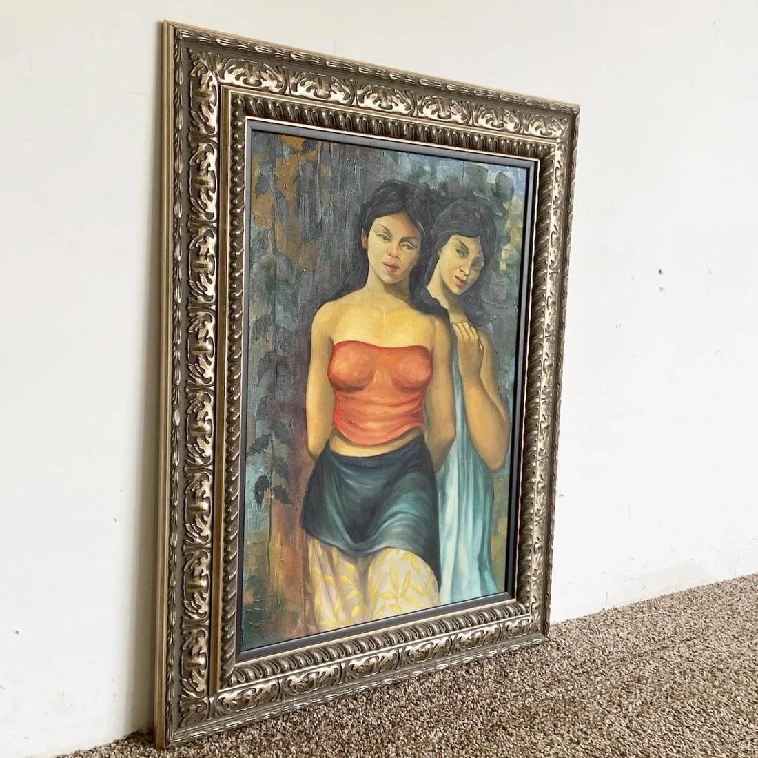Vintage Signed and Framed Cuban Painting of Two Young Women - 2