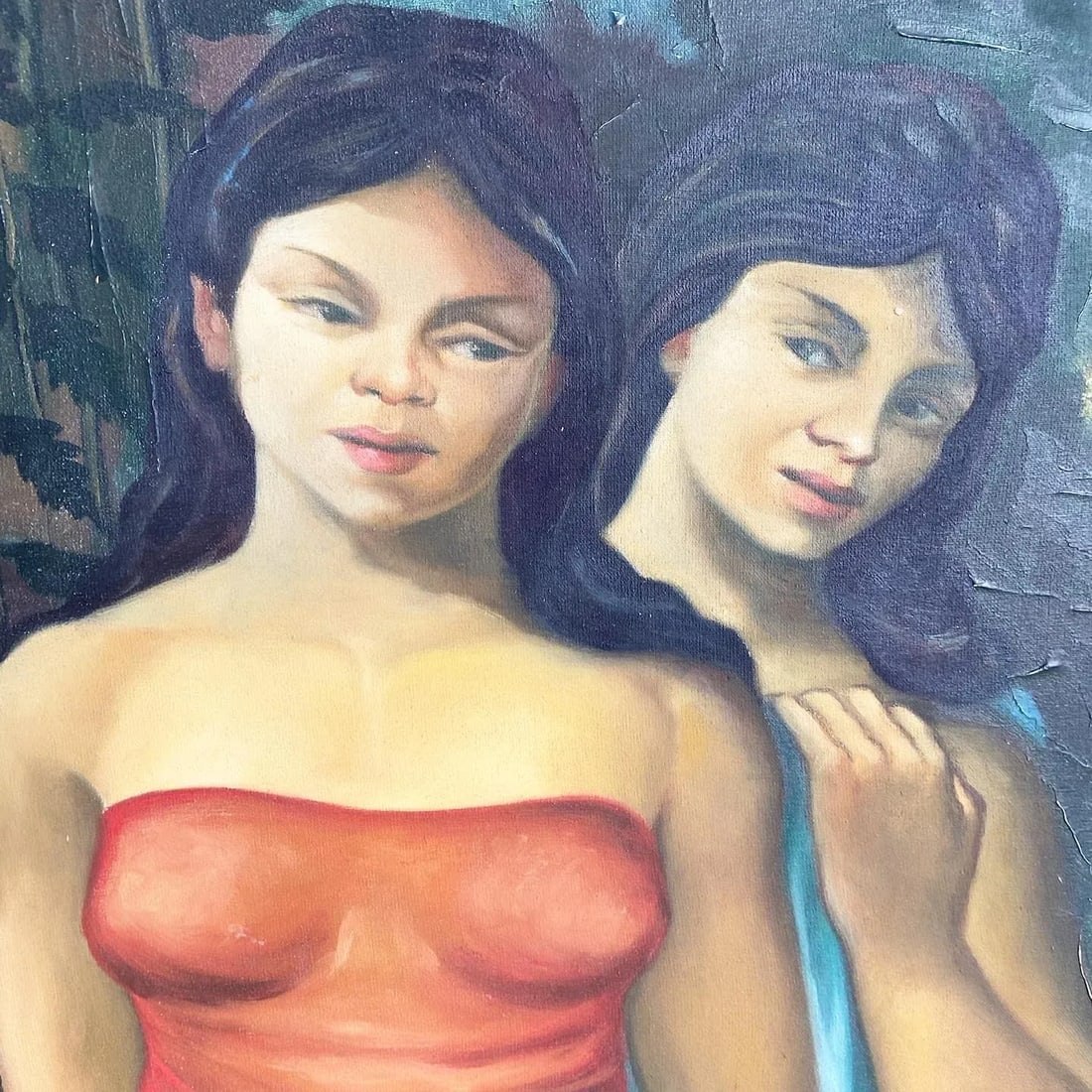 Vintage Signed and Framed Cuban Painting of Two Young Women - 3