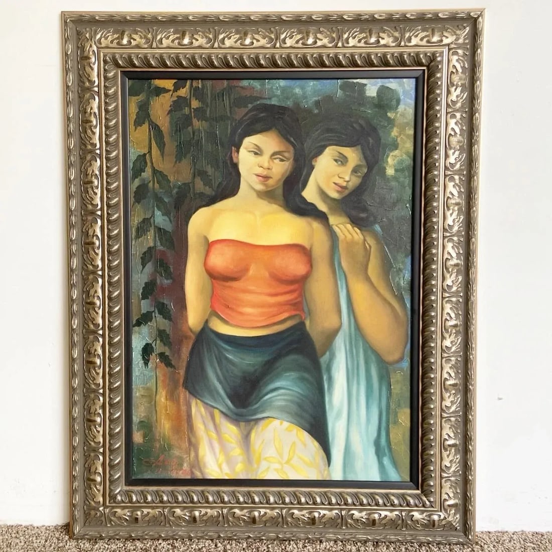 Vintage Signed and Framed Cuban Painting of Two Young Women - 7
