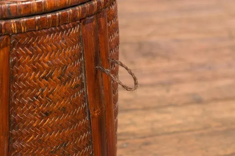 Antique Thai Hand Woven Rattan Basket with Domed Lid & Rustic Character - 10