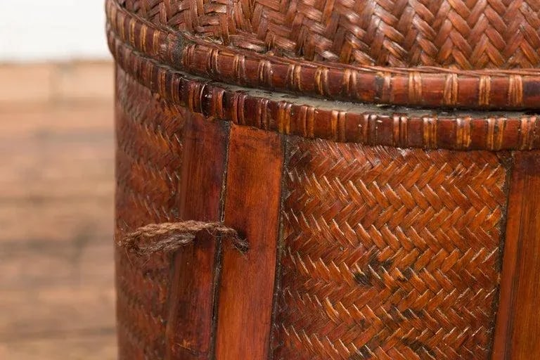 Antique Thai Hand Woven Rattan Basket with Domed Lid & Rustic Character - 11