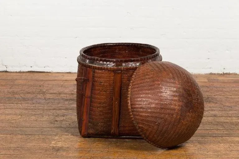 Antique Thai Hand Woven Rattan Basket with Domed Lid & Rustic Character - 12