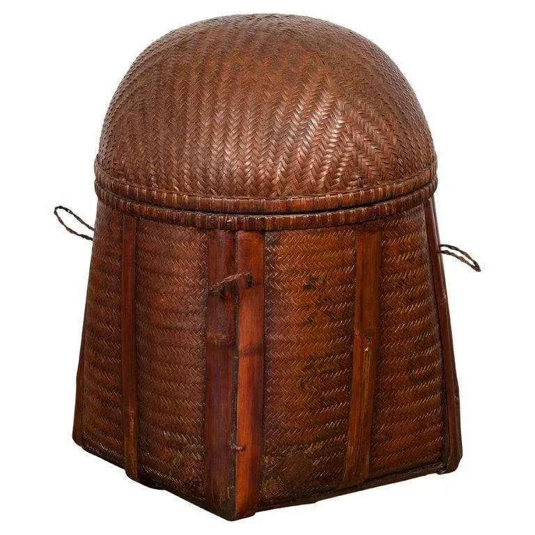 Antique Thai Hand Woven Rattan Basket with Domed Lid & Rustic Character - 13