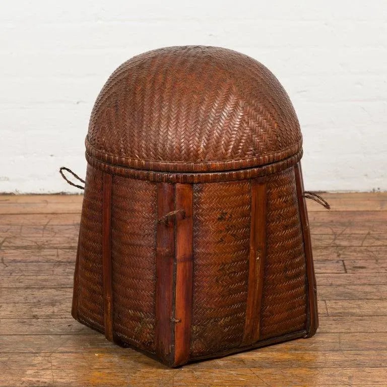 Antique Thai Hand Woven Rattan Basket with Domed Lid & Rustic Character - 2