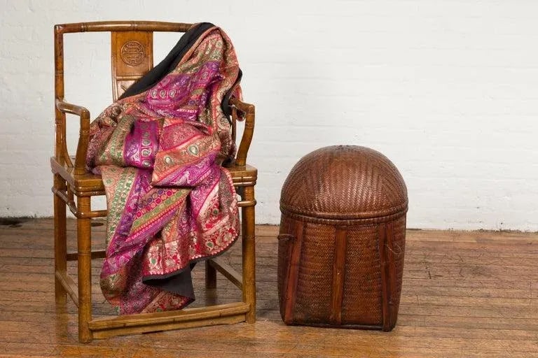 Antique Thai Hand Woven Rattan Basket with Domed Lid & Rustic Character - 3
