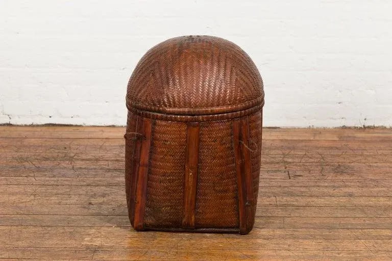 Antique Thai Hand Woven Rattan Basket with Domed Lid & Rustic Character - 4