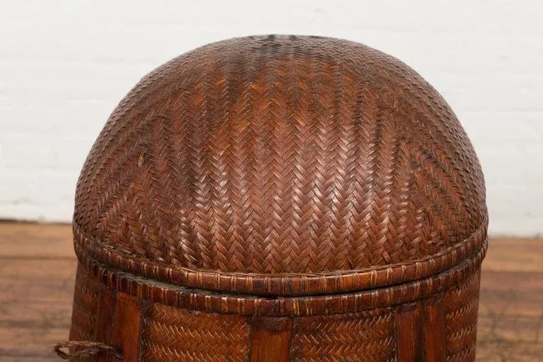 Antique Thai Hand Woven Rattan Basket with Domed Lid & Rustic Character - 5