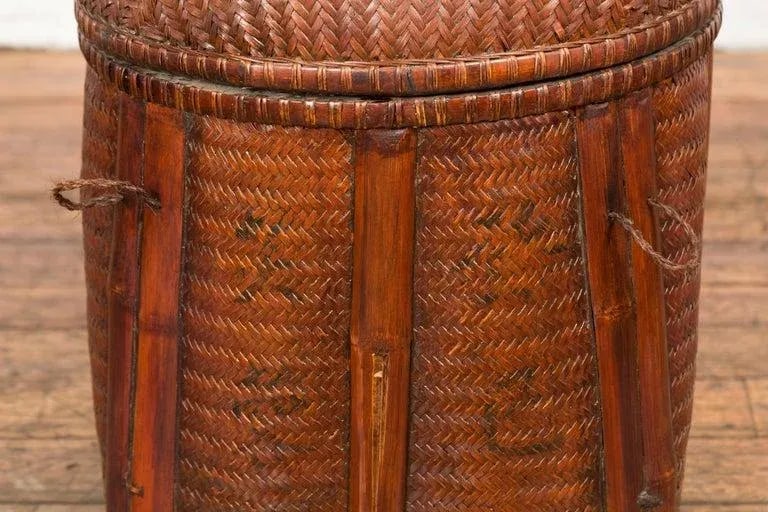 Antique Thai Hand Woven Rattan Basket with Domed Lid & Rustic Character - 6