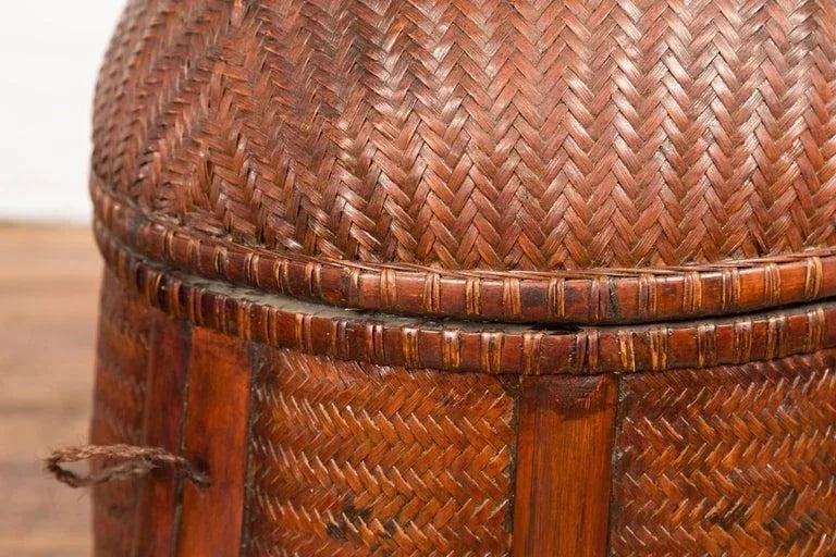 Antique Thai Hand Woven Rattan Basket with Domed Lid & Rustic Character - 9