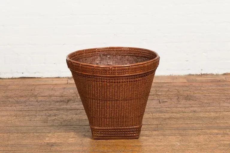 19th Century Hand Woven Rattan & Bamboo Thai Grain Basket with Tapering Lines - 12