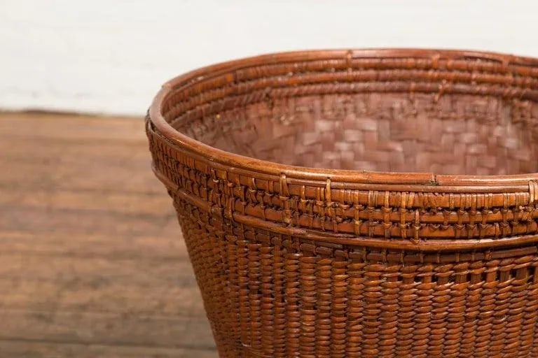 19th Century Hand Woven Rattan & Bamboo Thai Grain Basket with Tapering Lines - 7