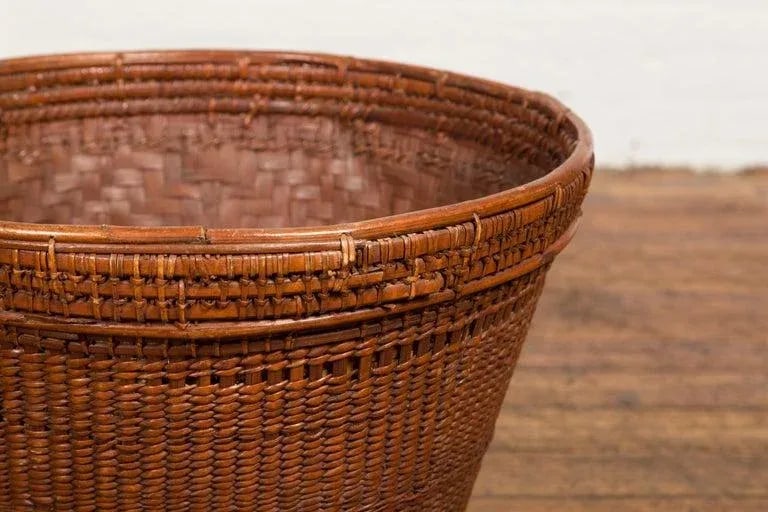 19th Century Hand Woven Rattan & Bamboo Thai Grain Basket with Tapering Lines - 8