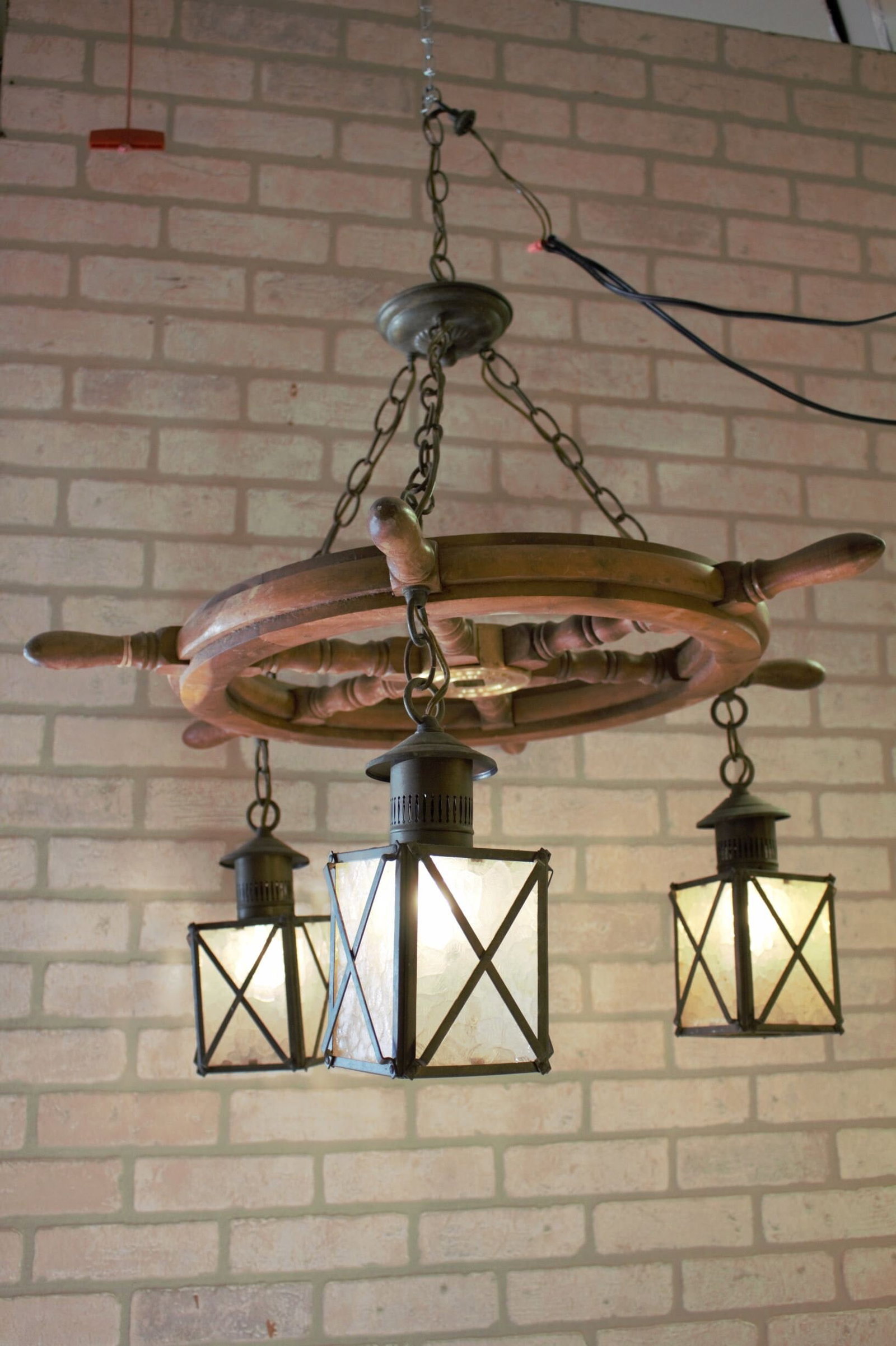 Vintage Nautical Ship Wheel Chandelier with Three Lanterns - 2