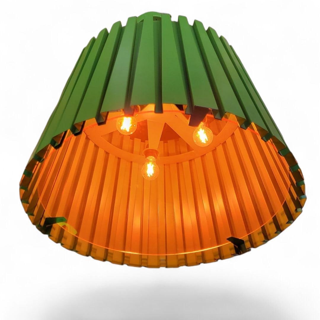 Vintage Industrial Green Ribbed Metal Pendant with Orange Acrylic Shade - 3
