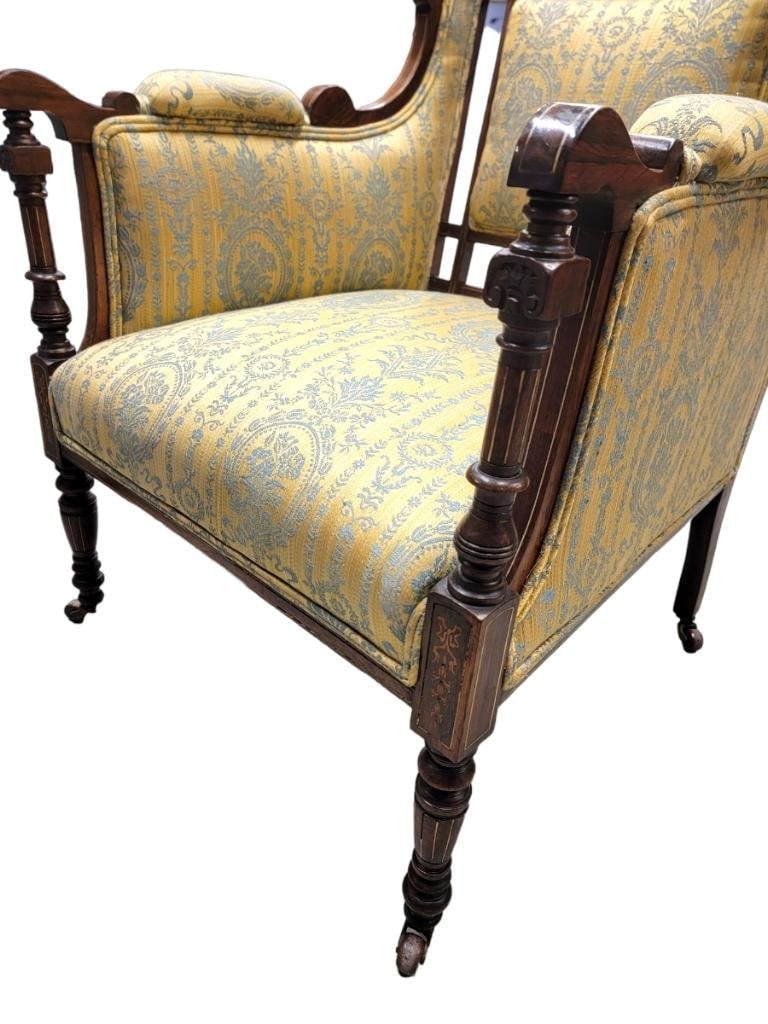 Antique Biedermeier Inlaid Silk Upholstered Carved Armchair - 5