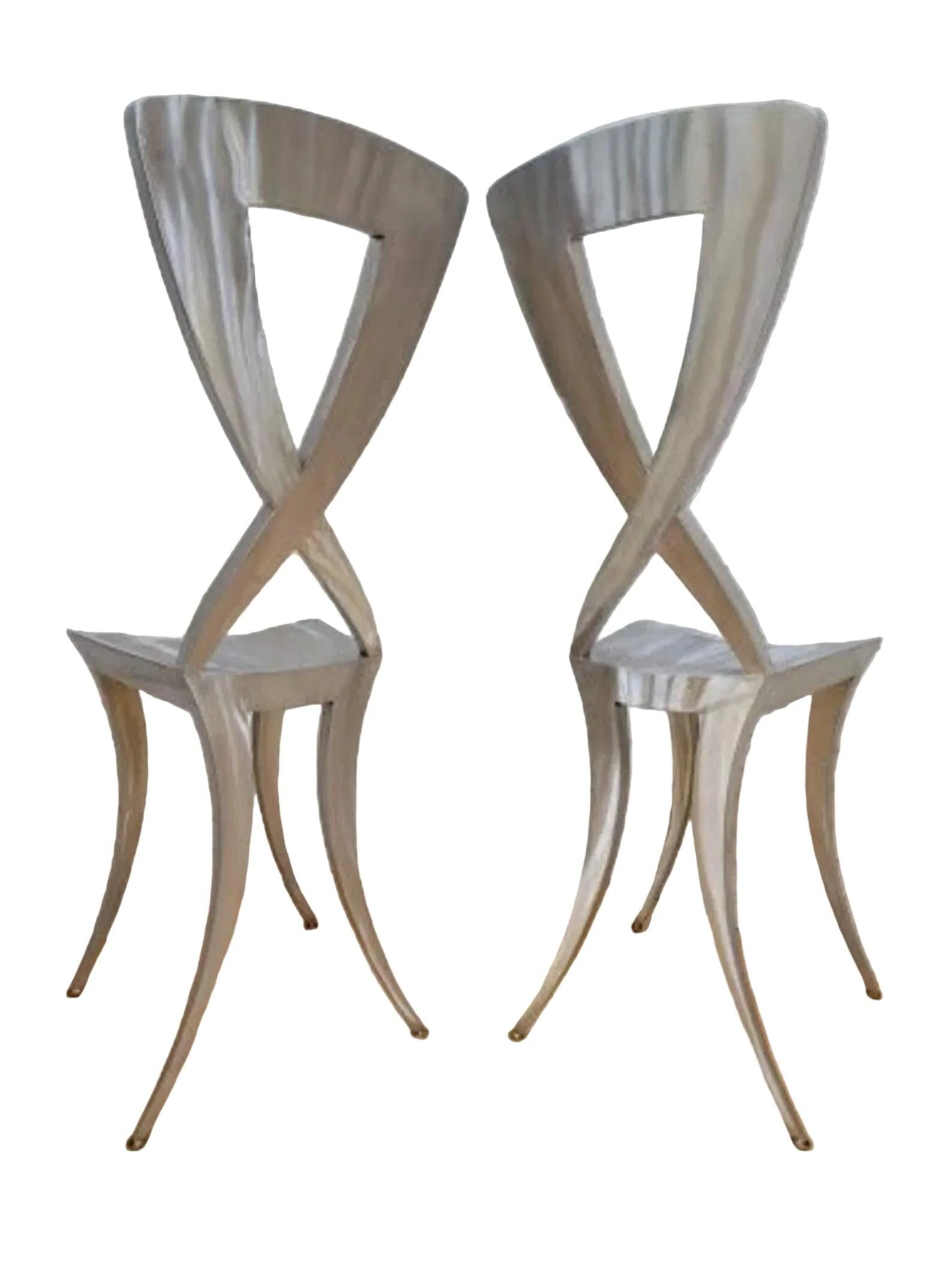 Vintage Italian Modern Sculptural Stainless Steel Silhouette Klismos Style High Chairs - Pair - 3