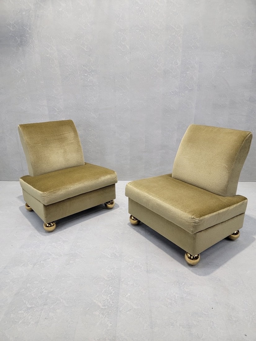 Vintage Gold Mohair Slipper Chairs with Brass Ball Feet - Set of 4 - 3