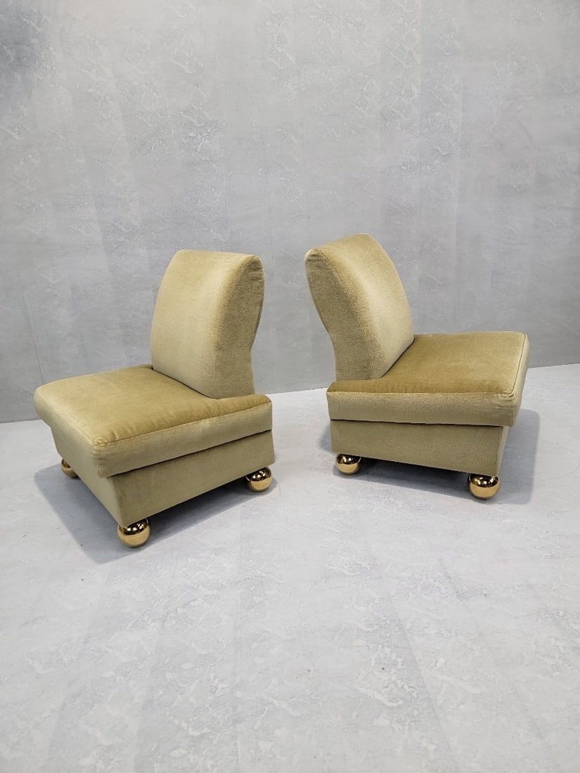 Vintage Gold Mohair Slipper Chairs with Brass Ball Feet - Set of 4 - 5