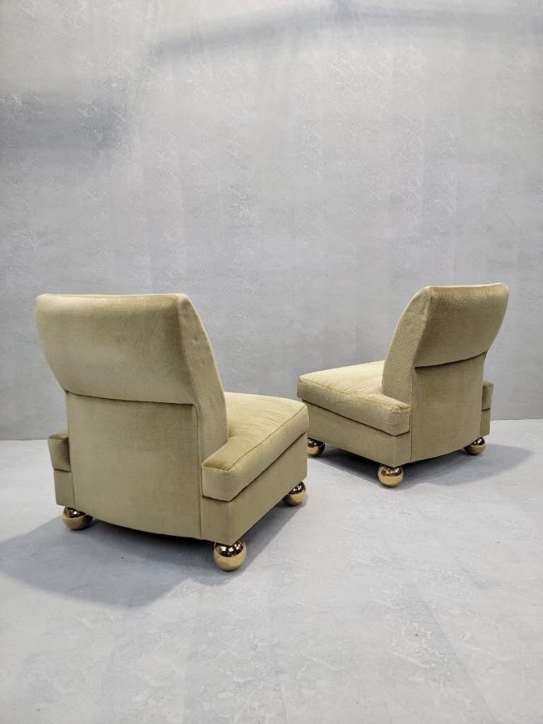 Vintage Gold Mohair Slipper Chairs with Brass Ball Feet - Set of 4 - 7