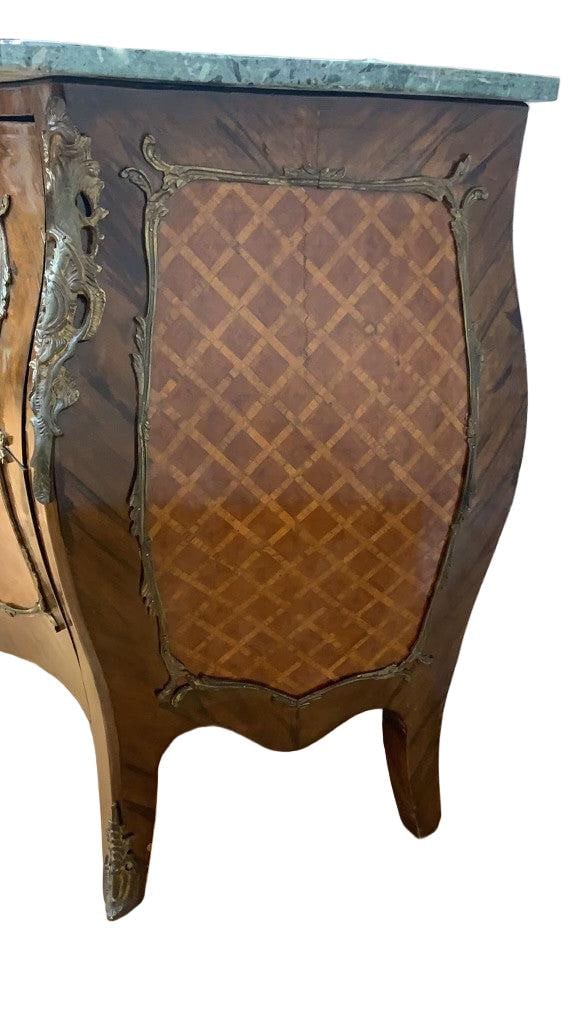 Antique French Louis XVI Style Marble Top Parquetry Bombe Chest - 7