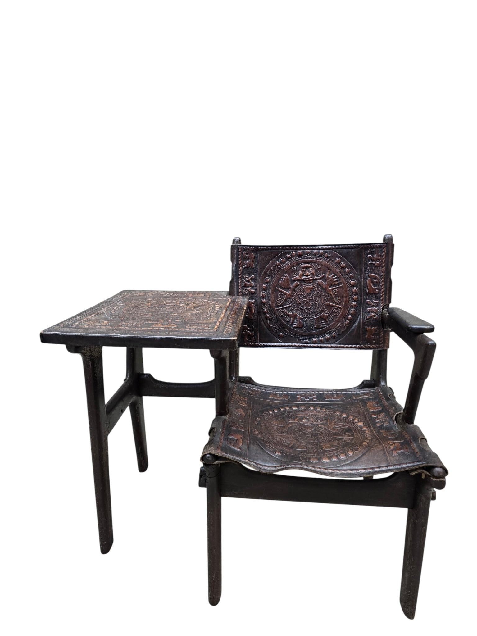 Vintage Rustic Tooled Leather Primitive Gossip Chair by Angel Pazmino - 7