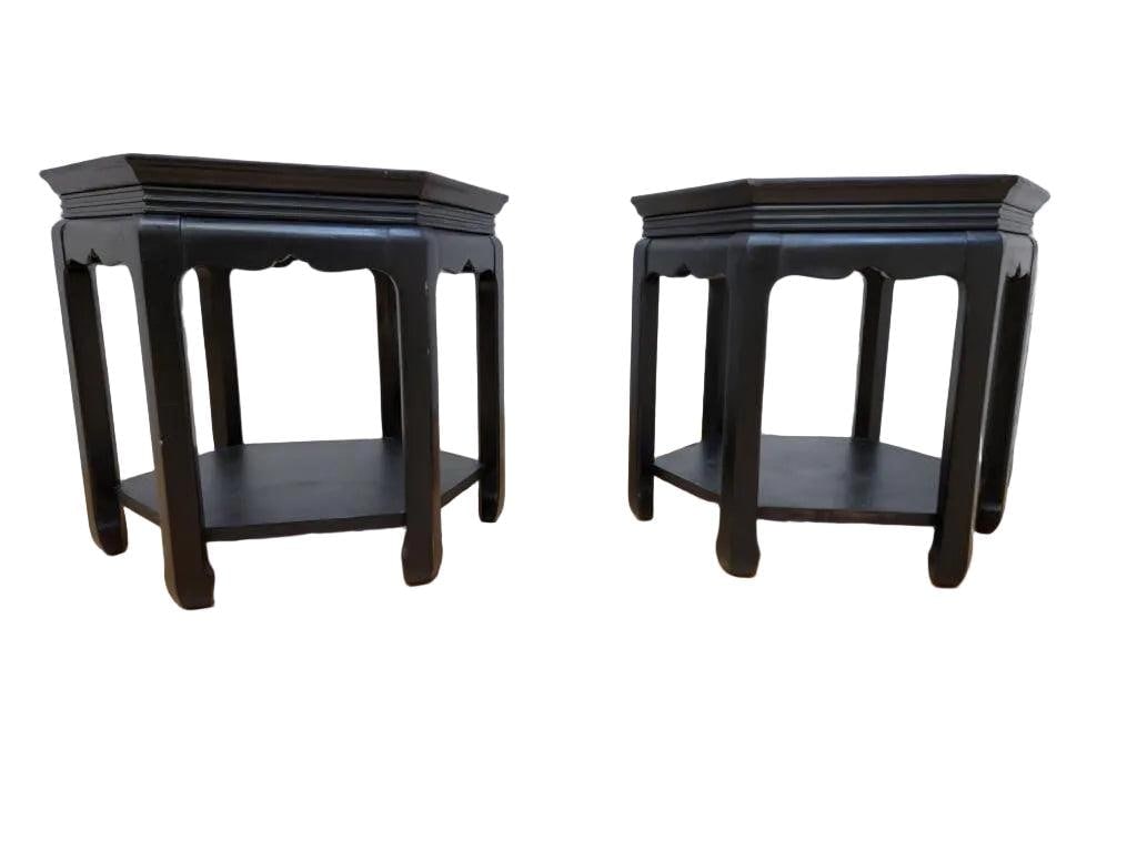Hollywood Regency Chinoiserie Style Ebonized and Burl Side Tables - Pair - 2