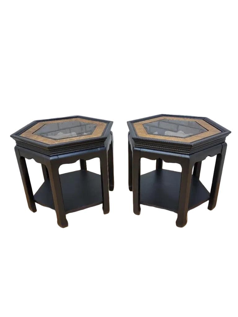 Hollywood Regency Chinoiserie Style Ebonized and Burl Side Tables - Pair - 7