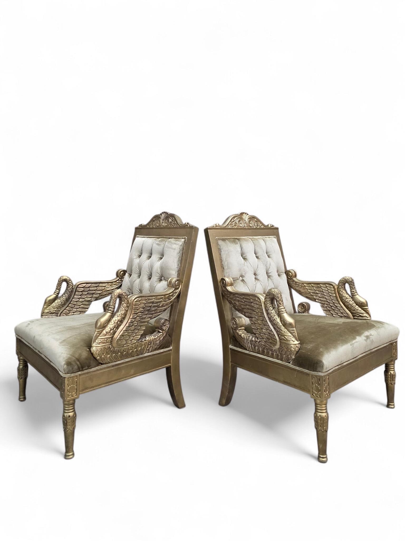 Vintage Neoclassical Empire Swan Arm Giltwood Lounge Chairs Newly Reupholstered - Pair - 2