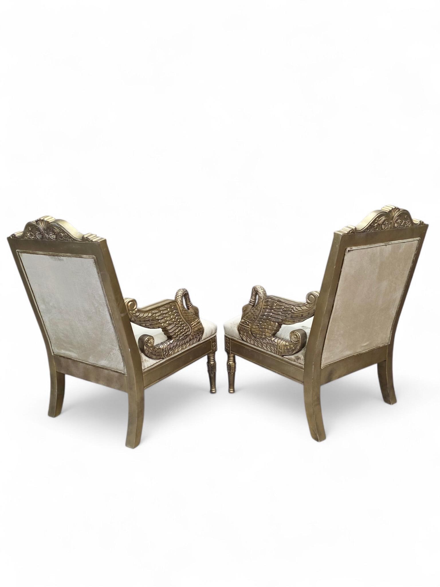 Vintage Neoclassical Empire Swan Arm Giltwood Lounge Chairs Newly Reupholstered - Pair - 3