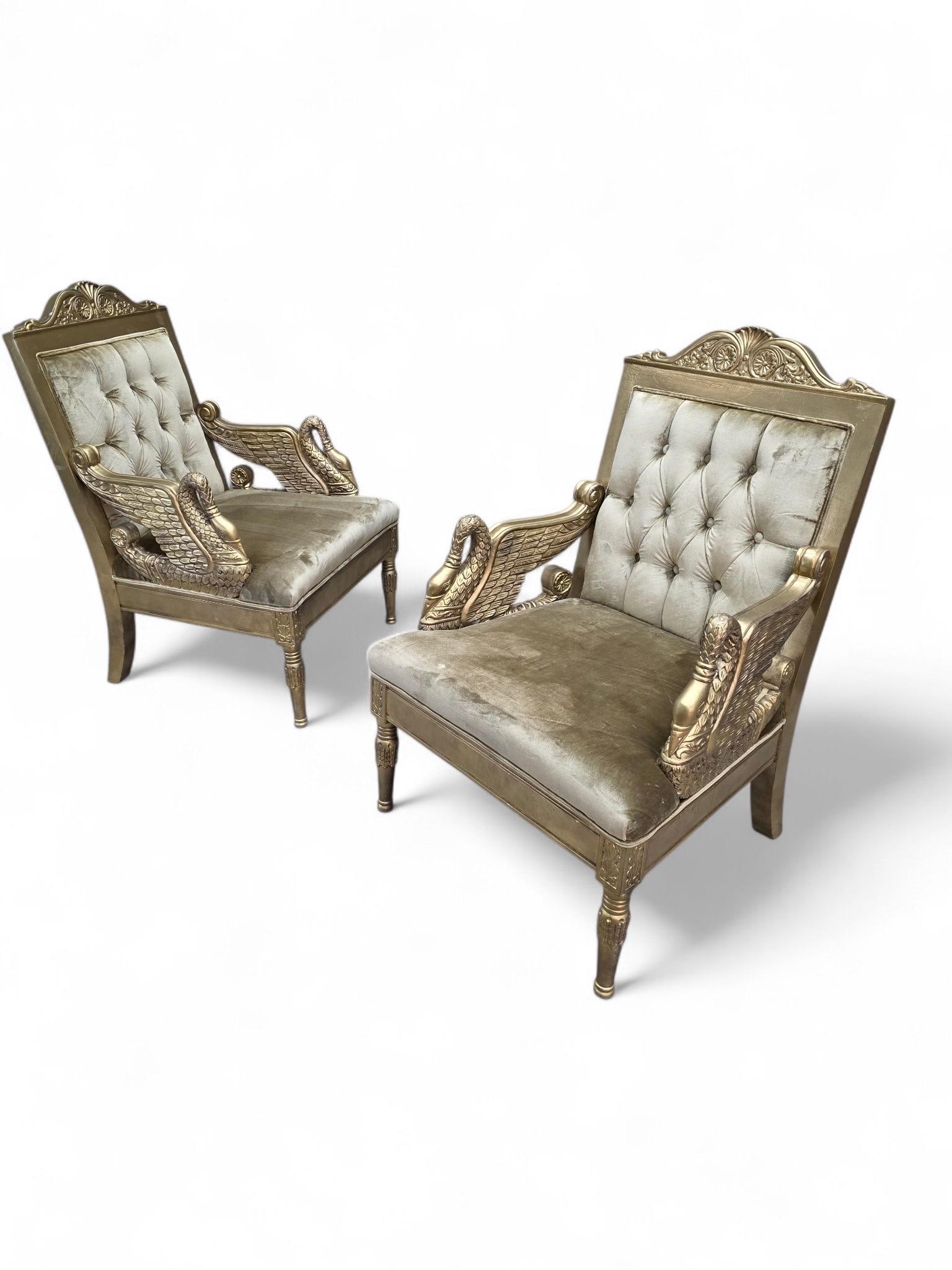 Vintage Neoclassical Empire Swan Arm Giltwood Lounge Chairs Newly Reupholstered - Pair - 4
