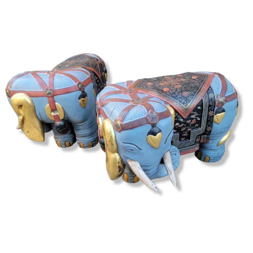 Vintage Asian Carved & Hand-Painted Elephant Stools/Garden Seats - Pair - 2