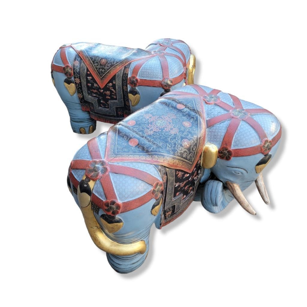 Vintage Asian Carved & Hand-Painted Elephant Stools/Garden Seats - Pair - 3
