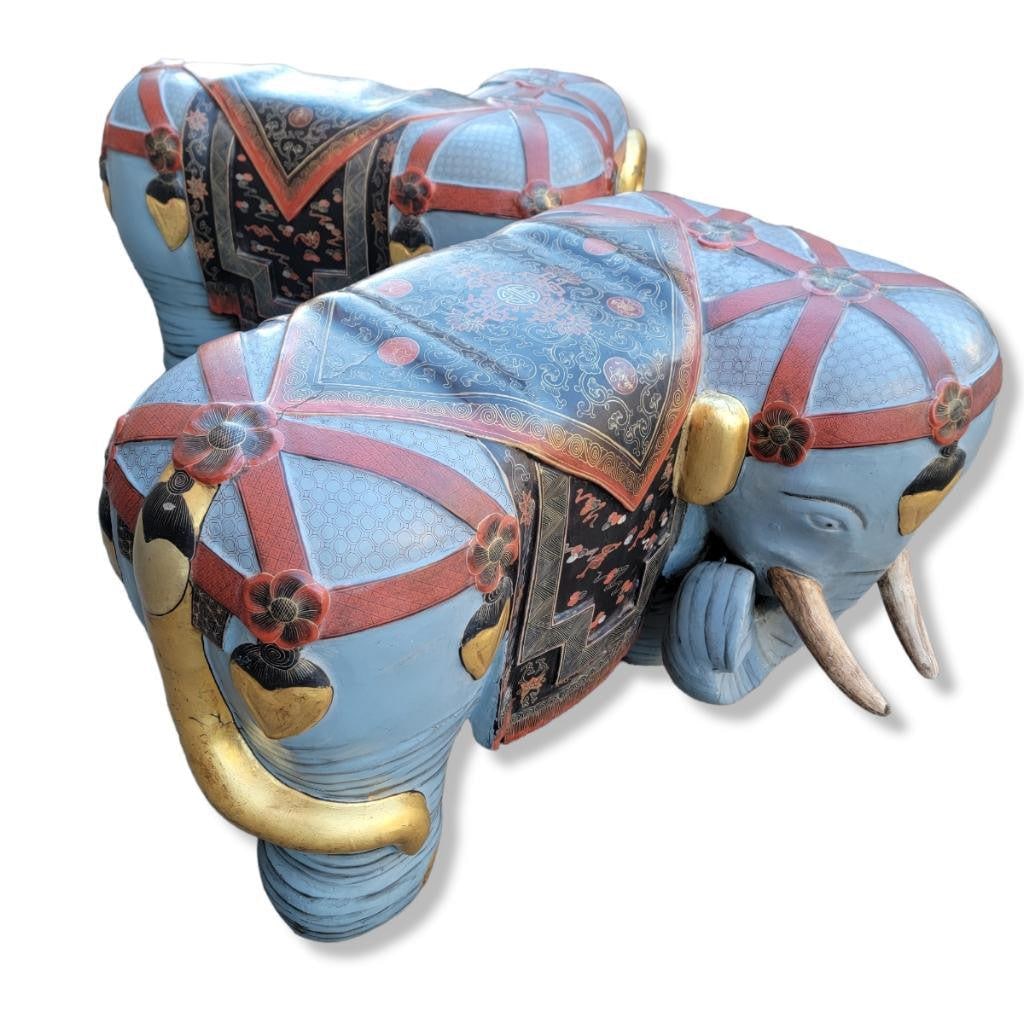 Vintage Asian Carved & Hand-Painted Elephant Stools/Garden Seats - Pair - 4