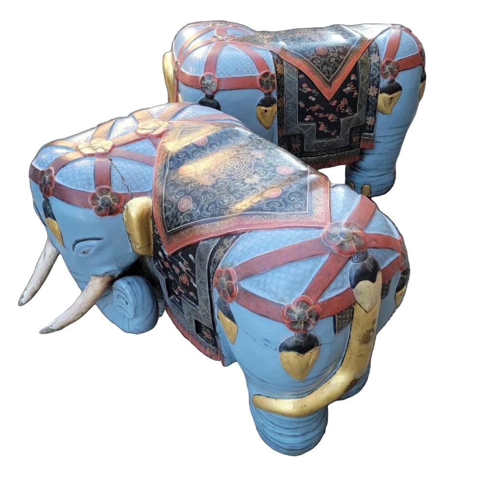 Vintage Asian Carved & Hand-Painted Elephant Stools/Garden Seats - Pair - 7