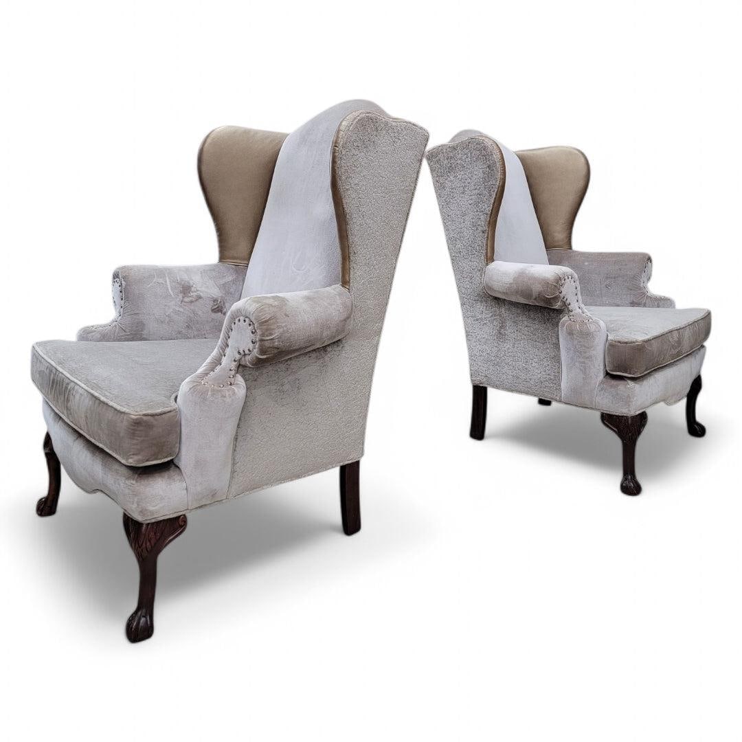 Vintage Queen Anne Style Wingback Lounge Chairs - Pair - 2