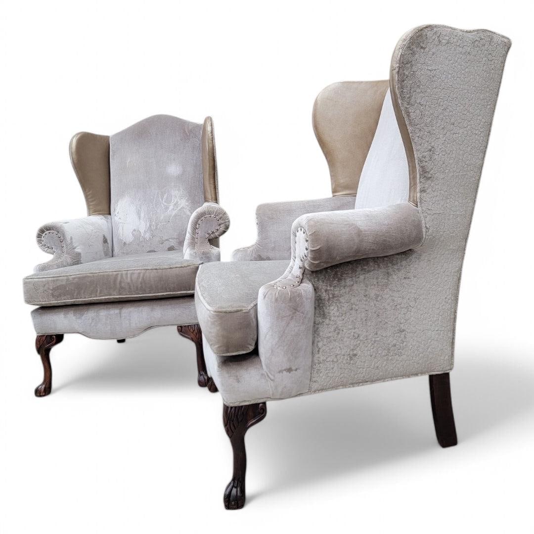 Vintage Queen Anne Style Wingback Lounge Chairs - Pair - 3