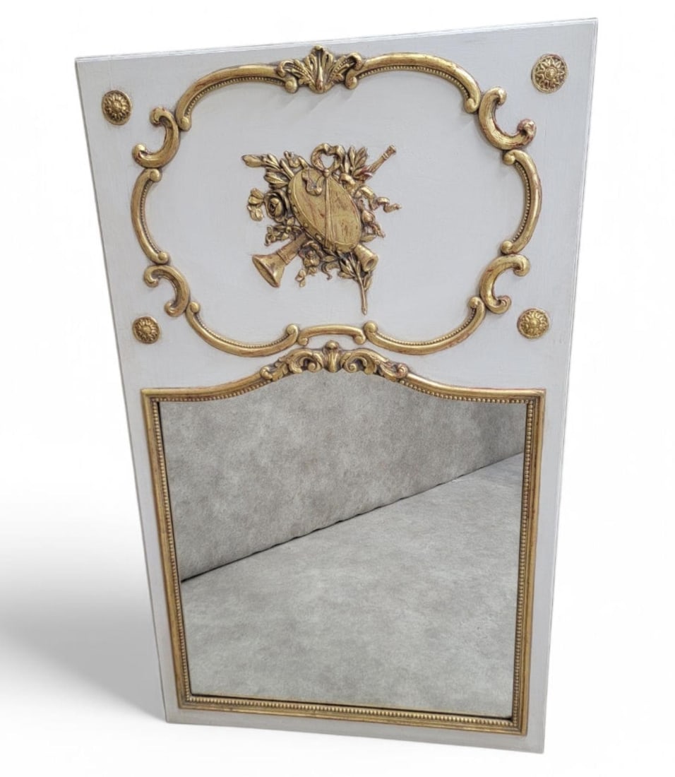 Antique Louis XVI Style White French Trumeau Wall Mirror - 7