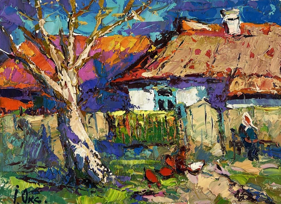Oil painting Chickens in Front of the House Oksana Ivanyuk - 3
