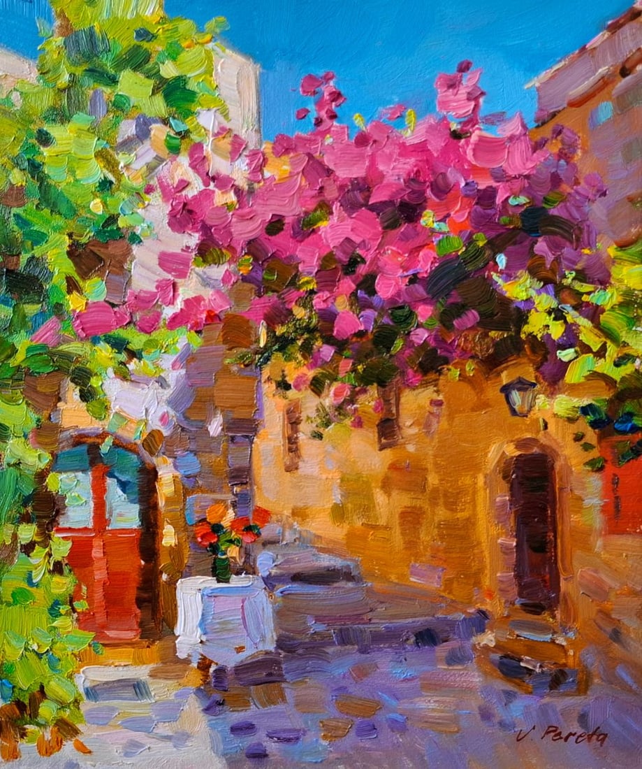 Oil painting Old Street Morning Vyacheslav Pereta: Title: Oil painting Old Street Morning Vyacheslav Pereta Description: No.Tep 180Oil painting Old Street Morning Vyacheslav Pereta is a radiant impressionist cityscape filled with warmth,