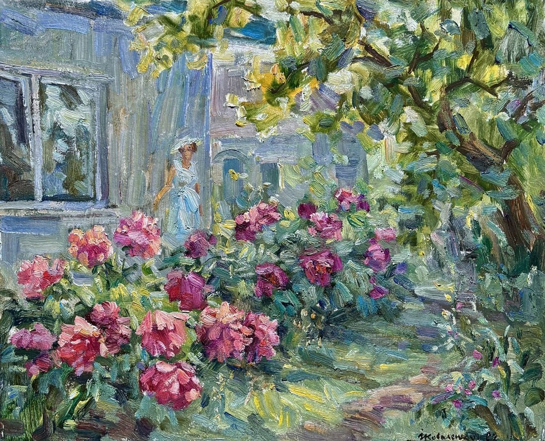 Oil painting Peonies Under the Window Ivan Kovalenko: Title: Oil painting Peonies Under the Window Ivan Kovalenko Description: No.Koval 269Oil painting Peonies Under the Window Ivan Kovalenko is a luminous impressionist garden scene filled with