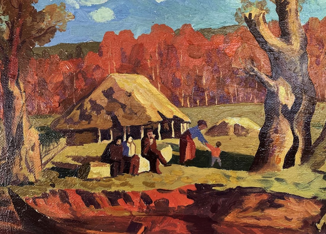 Oil painting Relaxing by the village pond Unknown artist - 2