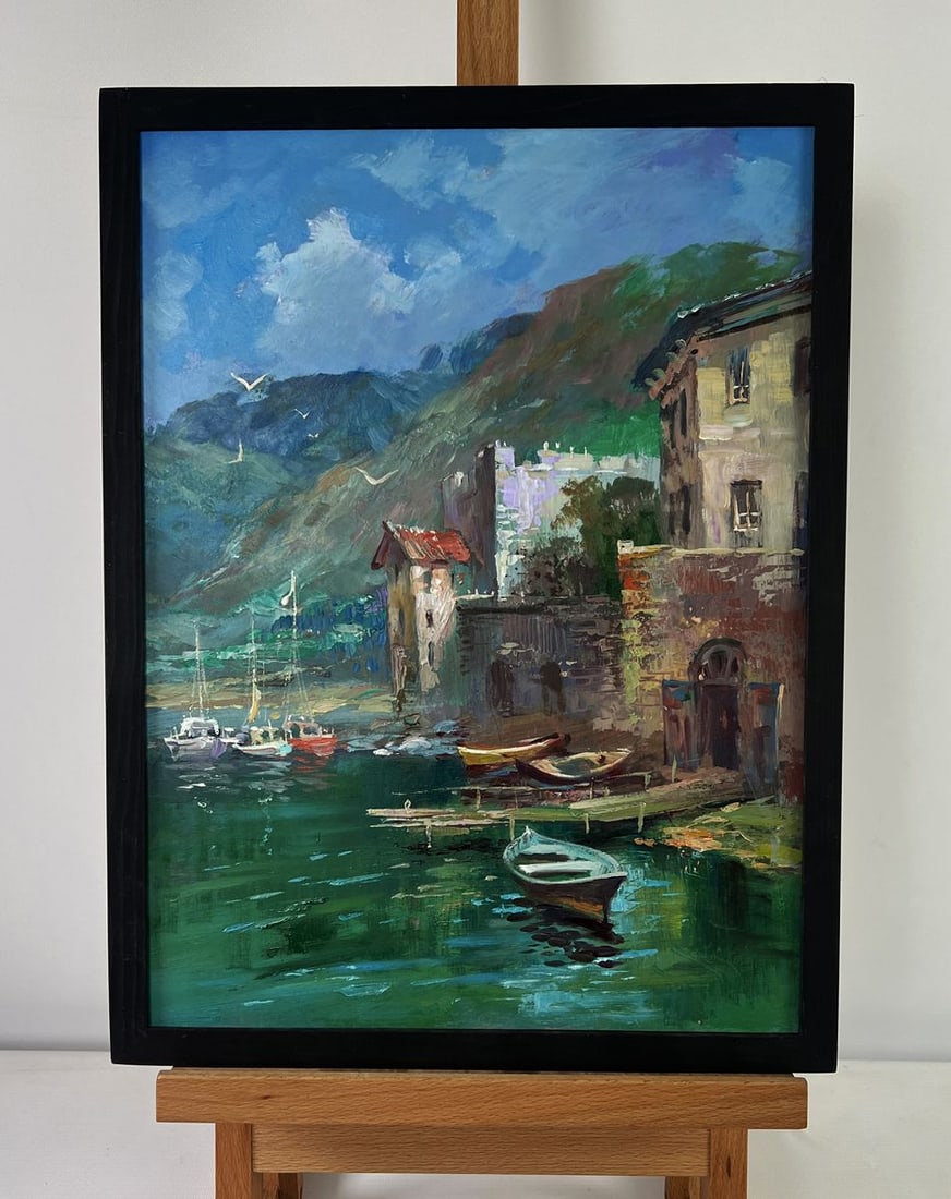 Oil painting Coast with quiet houses Yuriy Suprunchuk: Title: Oil painting Coast with quiet houses Yuriy Suprunchuk Description: No.AAA5476The Oil painting on Cardboard titled “Coast with Quiet Houses” portrays a serene coastal village where the t