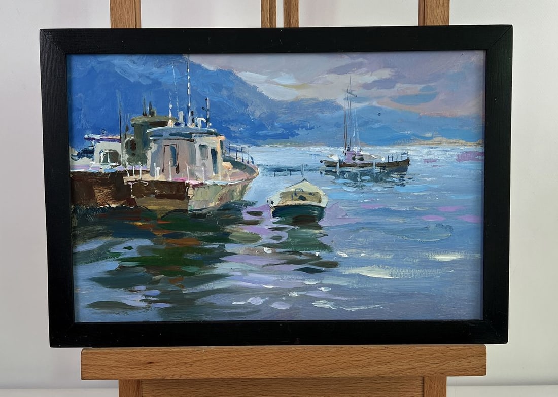 Oil painting Yacht Standing on a pier in the sea Yuriy Suprunchuk (1 of 11)