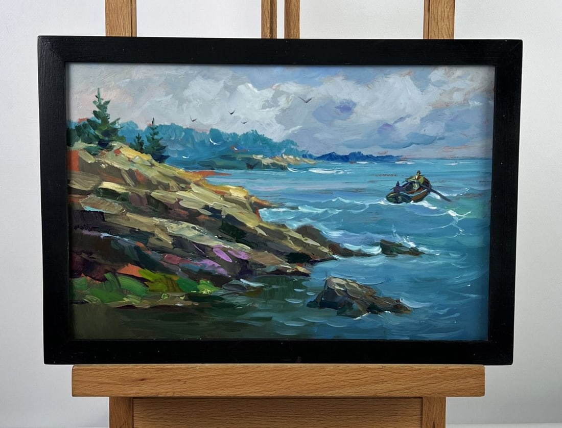 Oil painting The Boat Floats into The Sea Yuriy Suprunchuk: Title: Oil painting The Boat Floats into The Sea Yuriy Suprunchuk Description: No.AAA6501Oil painting The Boat Floats into The Sea Yuriy Suprunchuk is a captivating coastal landscape that beautifully